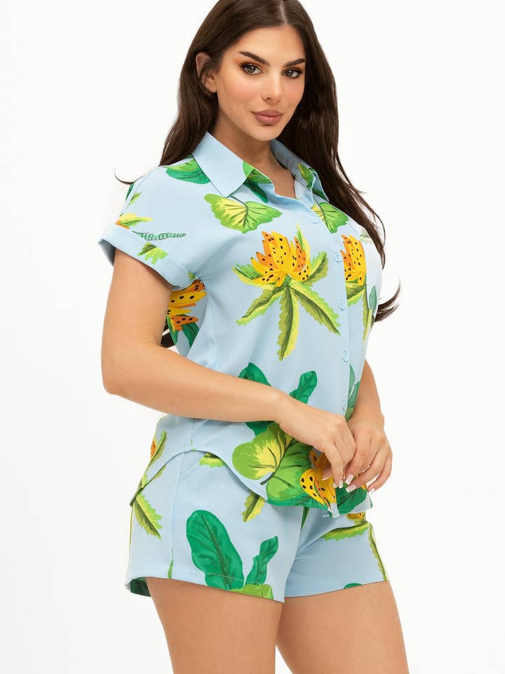 Multi Colored Print Front Button Down Top And Shorts Set for wholesale on Faire