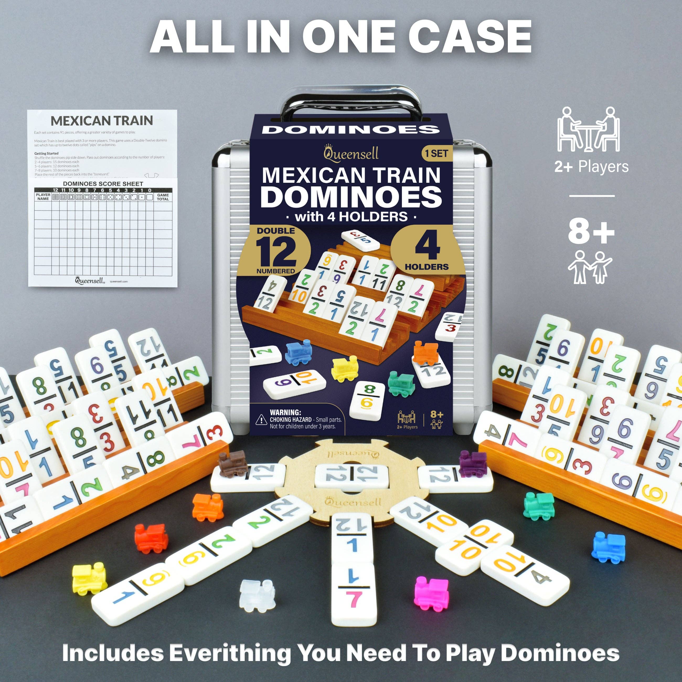 Queensell - Wholesale Board Game - Mexican Train Dominoes Set with Numbers and 4 Holders6