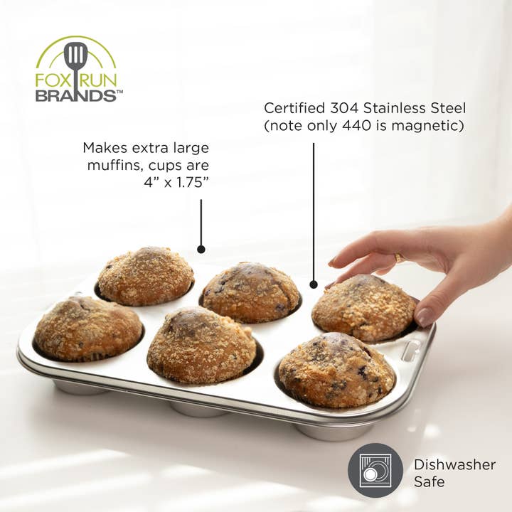 Fox Run Brands – Engroshandel Cupcake-/muffinform – Fox Run Muffinspande i rustfrit stål, 6 kop, 13,25“ x 8,75"5