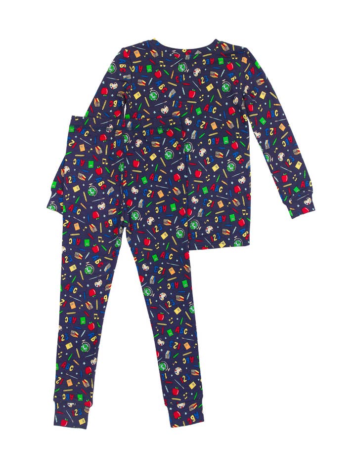Navy Boys Back To School Bamboo Viscose Long Sleeve Pajama Set for wholesale on Faire