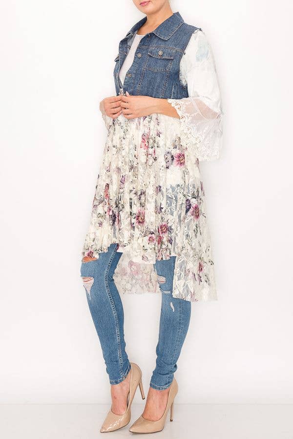 PT CH FLOWER CROPPED DENIM VEST WITH LACE LAYER--4479 DENIM/C FL for wholesale on Faire1