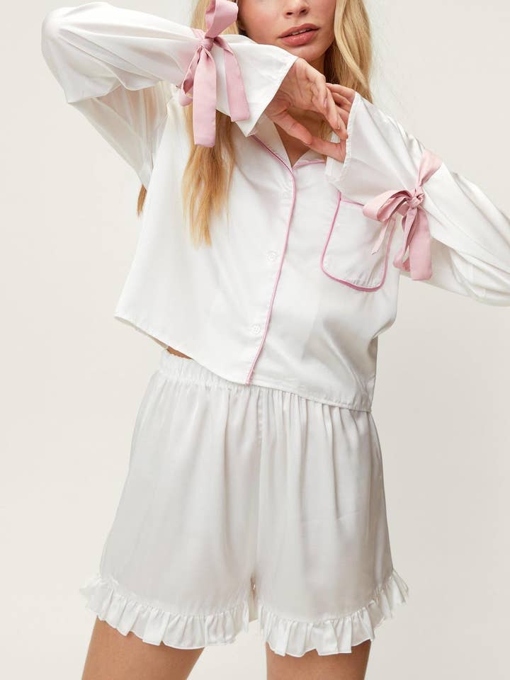 Rosa Clothing - Wholesale Sleepwear Set - Women's - Satin Bow Ribbon Sleeve Shirt Shorts Pajama Set0