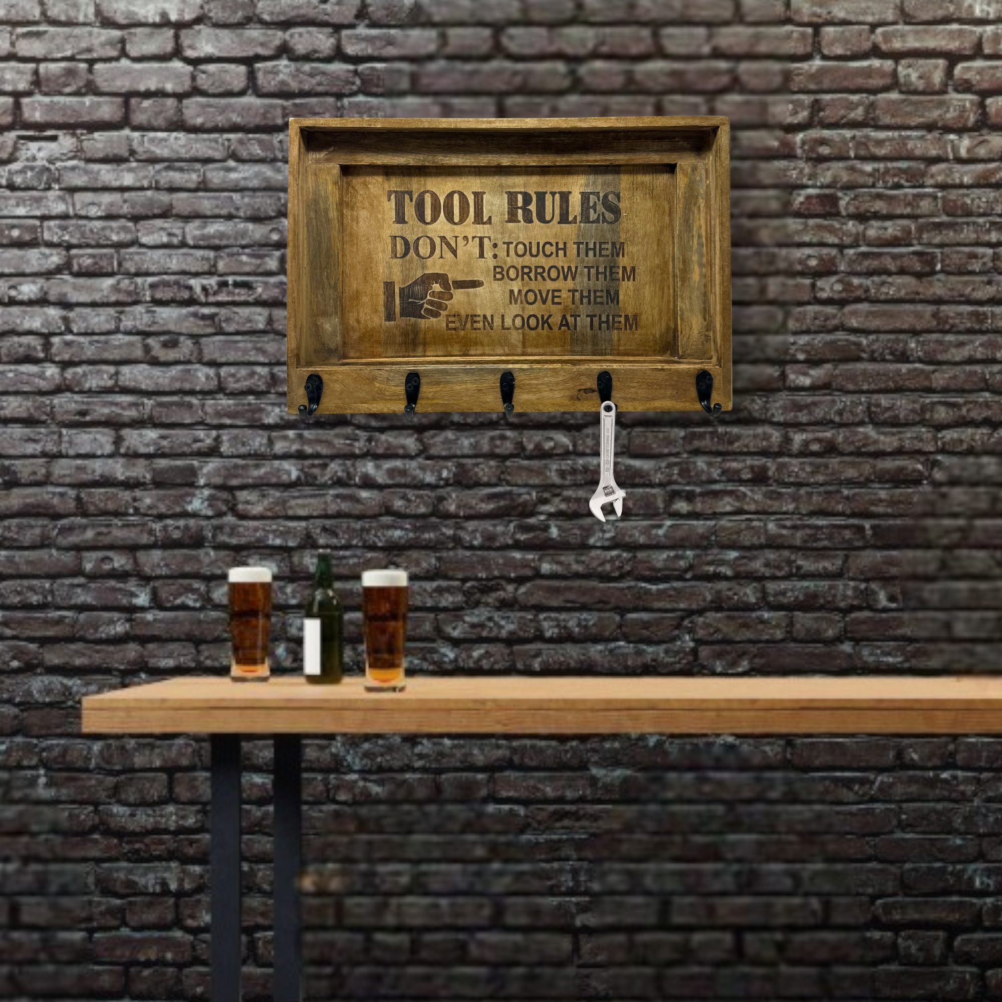 Wilco Home - Wholesale Tool Set - Tool Rules Etched Wood Wall Organizer with Cast Iron Hooks0