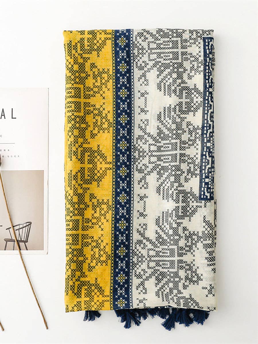 Beige Women Summer Artsy Colorblock Tassel Shawl Scarf for wholesale on Faire3