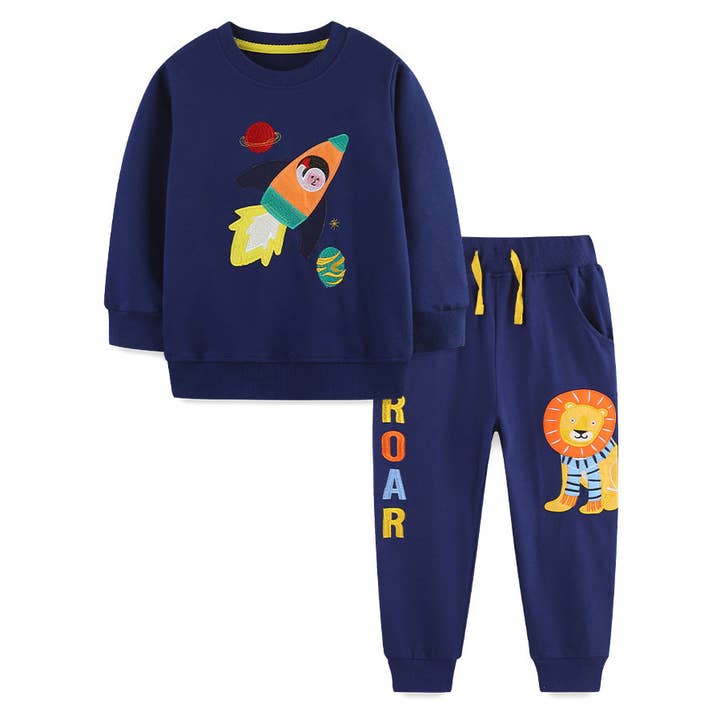 Kids Animal Embroidery Pullover Set Cotton Casual Outfit for wholesale by shoplittleswan