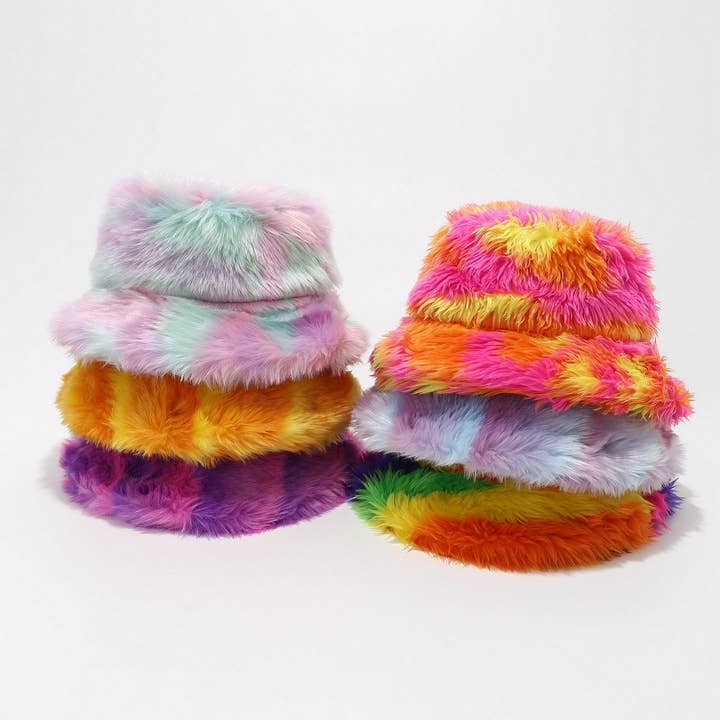 DOUBLJU - Wholesale Bucket Hat - Women's - UNIQUE TIE-DYE RAINBOW PLUSH FISHERMAN HAT_CWAH050628