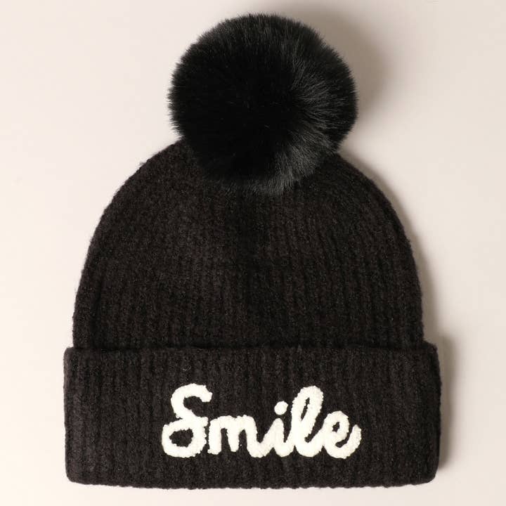 Smile Script Embroidered Pom Beanie for wholesale by Fashion City
