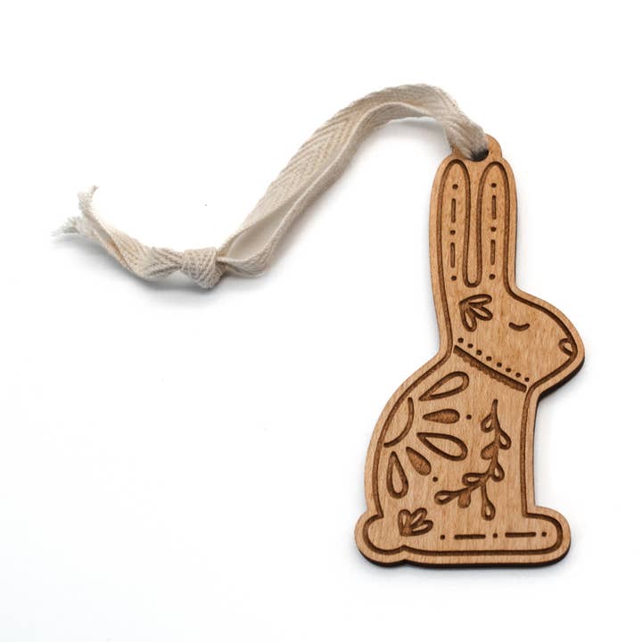 Folk Bunny Engraved Wood Ornament for wholesale by Wildewood Handcrafted Goods