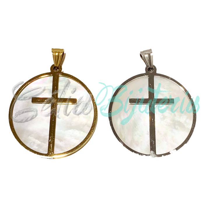 Medaglia/Collana in Acciaio con Madreperla - Croce per la vendita all'ingrosso da parte di Celli Biju