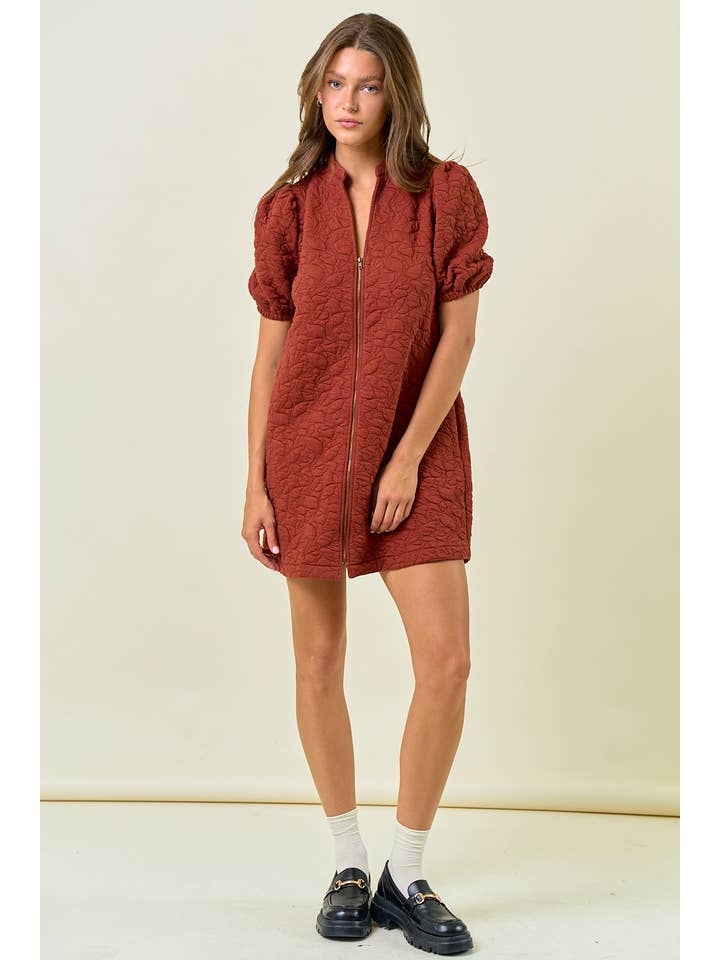 Doe and Rae - Wholesale Dress - Women's - FLORAL JACQUARD ZIP FRONT PUFF SLEEVE MINI DRESS - 28054D5