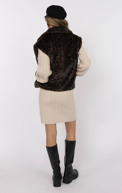 Sage The Label - Vente Pull sans manches – femme - Gilet surdimensionné en fausse fourrure léopard Waverly : MARRON NOIR9