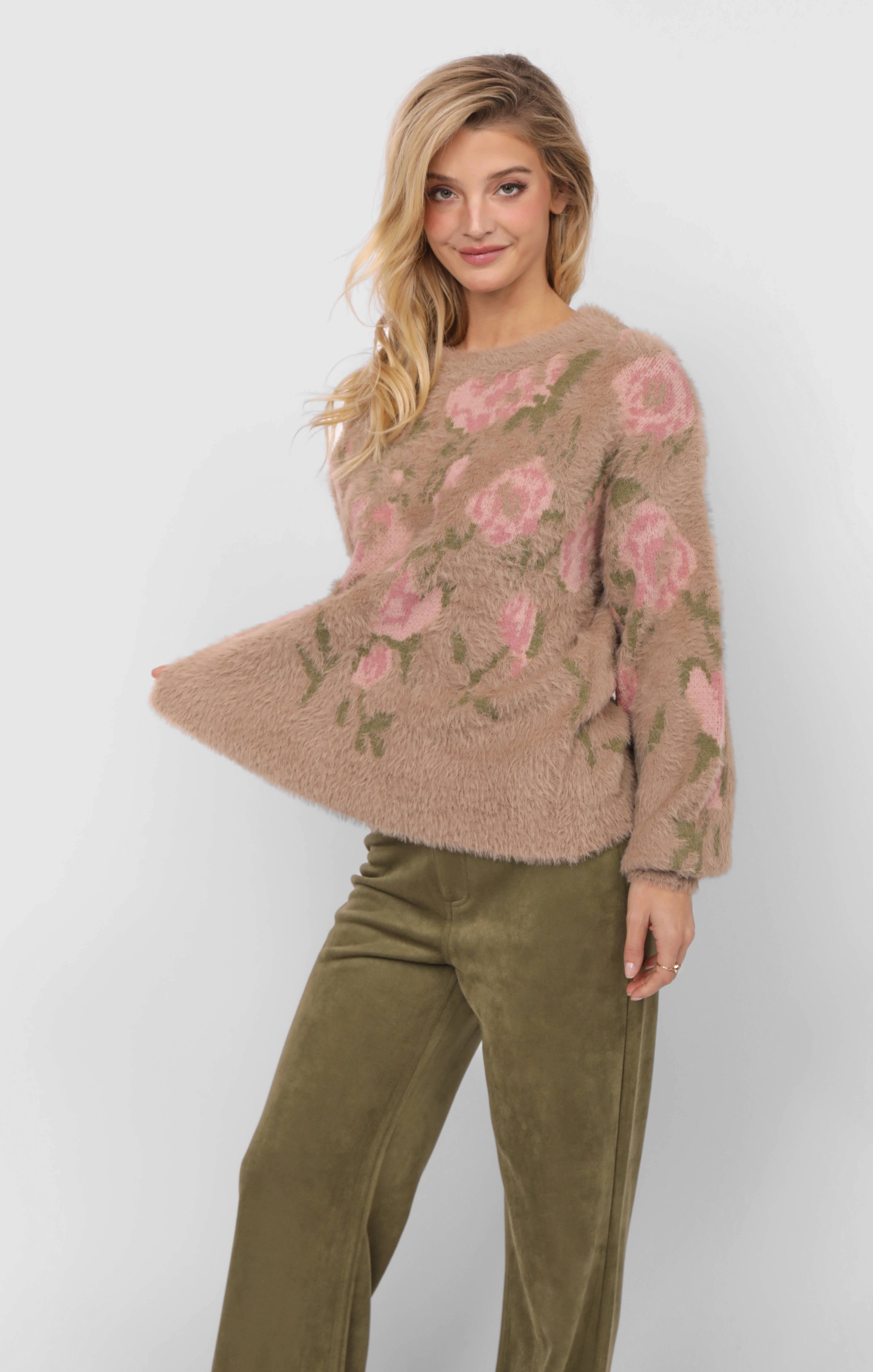 Sadie & Sage - Wholesale Knitted jumper – Women′s - Camila Eyelash Yarn Jacquard Pullover Sweater : TAUPE MULTI12