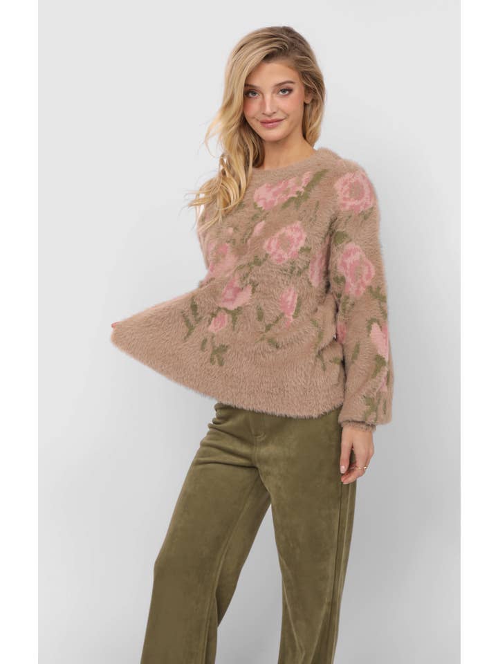 Sadie & Sage - Wholesale Knitted jumper – Women′s - Camila Eyelash Yarn Jacquard Pullover Sweater : TAUPE MULTI12