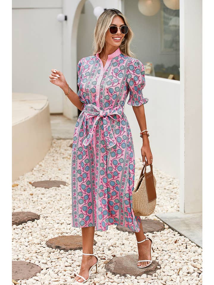 Pink LDC Floral Shirred Puff Sleeve Buttoned Front Midi Dress for wholesale on Faire