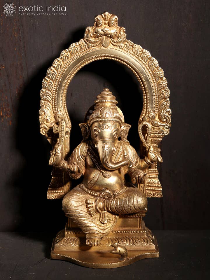 8" Sitting Ganesha on Kirtimukha Throne | Hoysala Art for wholesale by Exotic India Art