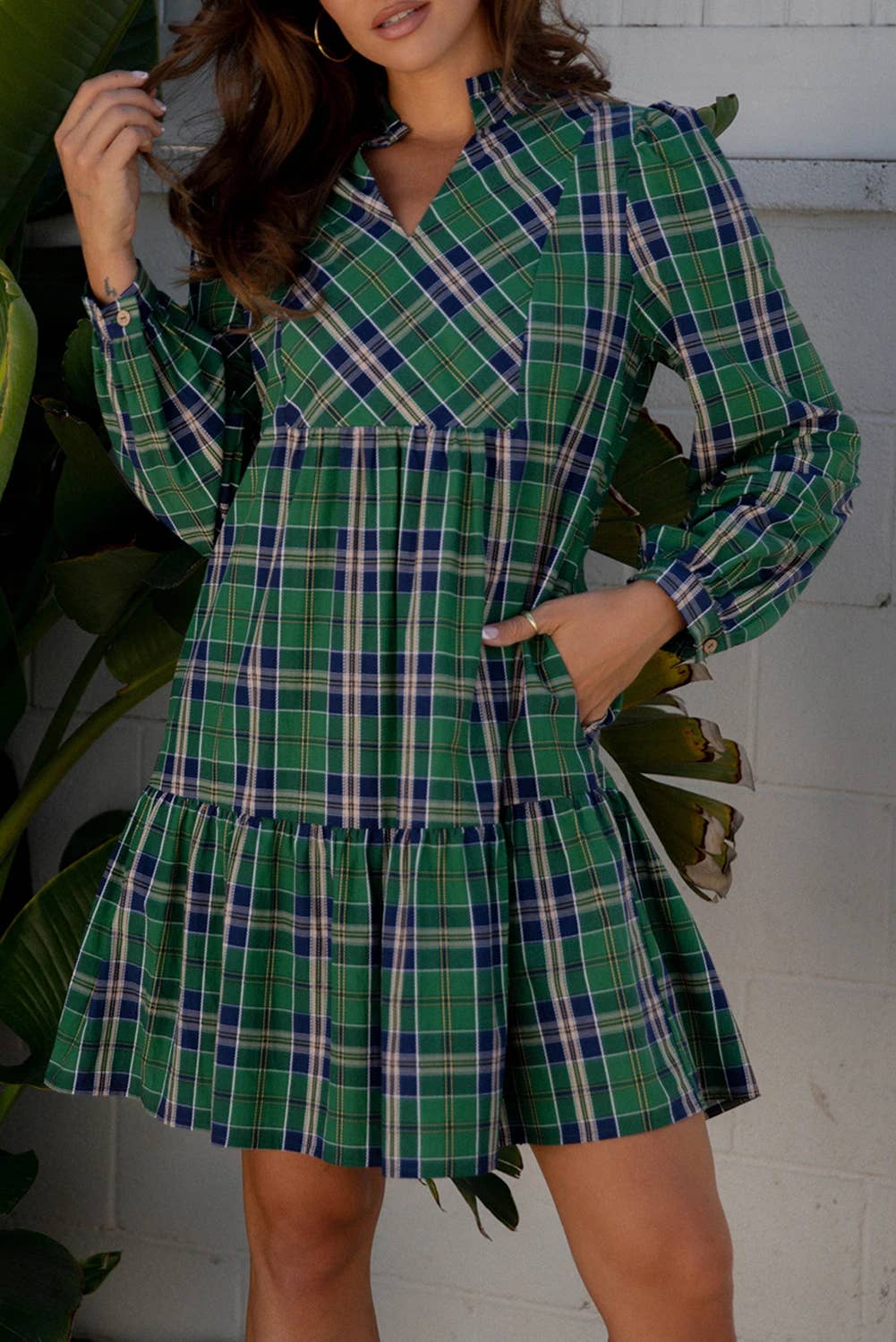FULL TIME PURCHASE - Wholesale Dress - Women's - Plaid Print Frilly Collar Long Sleeve Shift Mini Dress