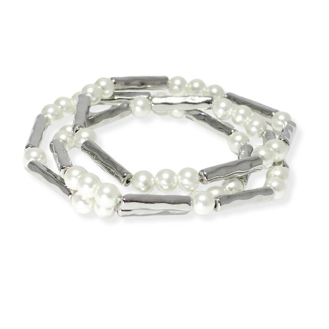 SOPHIA WHOLESALE – wholesale Beaded bracelet – Hammered metal accent multi layered pearl stretch bracelet0