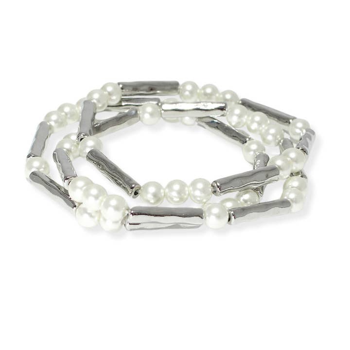 SOPHIA WHOLESALE - Wholesale Beaded Bracelet - Hammered metal accent multi layered pearl stretch bracelet4