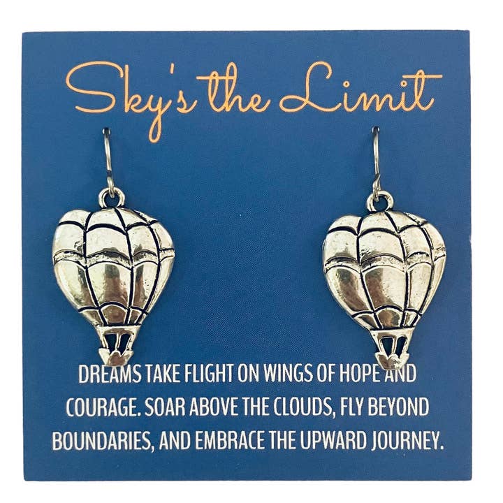 Silver Hot Air Balloon Earrings on Sky's the Limit Card for wholesale by Broken Record Boutique