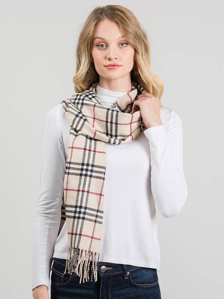 Polyester Check Pattern Oblong Scarf With Fringe for wholesale by Wild Honey