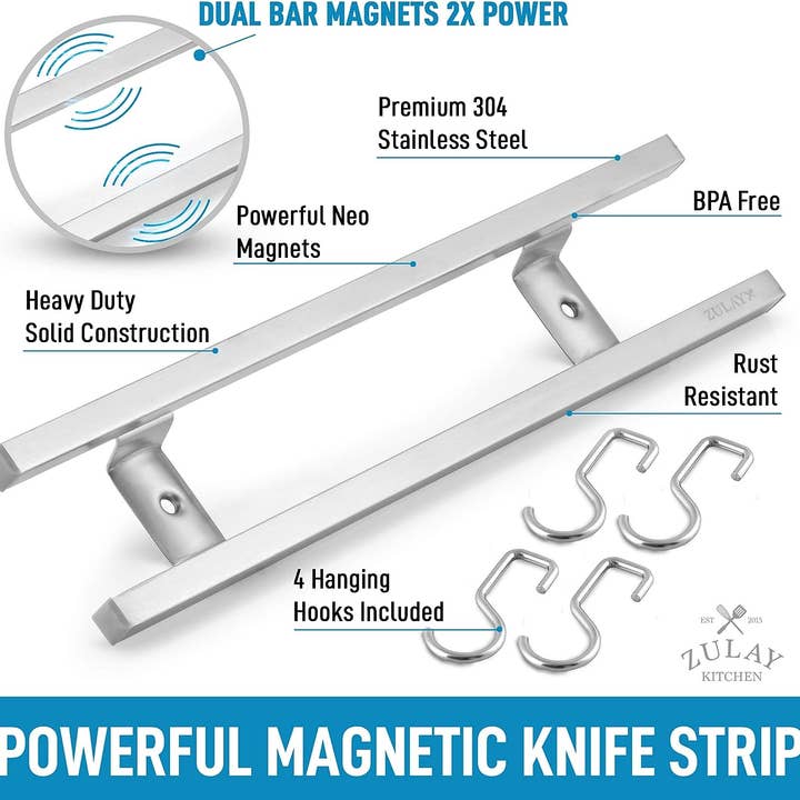 Zulay Kitchen – wholesale Knife storage – Stainless Steel Knife Magnetic Strip With Hanging Hooks9