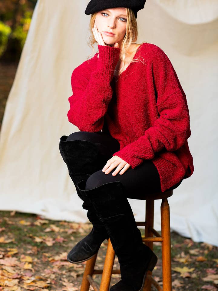 Exposed Seams, Dropped shoulder LS V-Neck Chenille Sweater for wholesale by House of Marcel Apparel