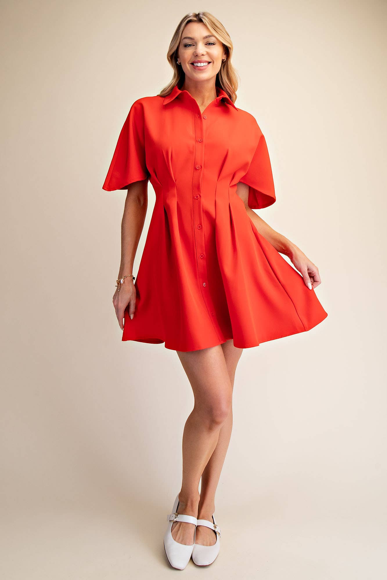 Glam - Wholesale Dress - Women's - Short-Sleeve Pleated Shirt Mini Dress10