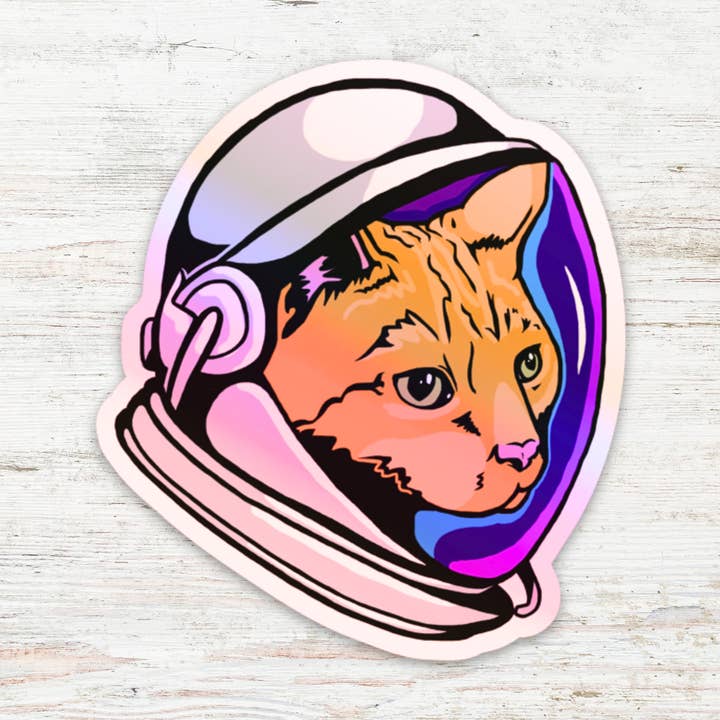 Astronaut Cat Holographic Vinyl Sticker for wholesale by Angry Gato Designs