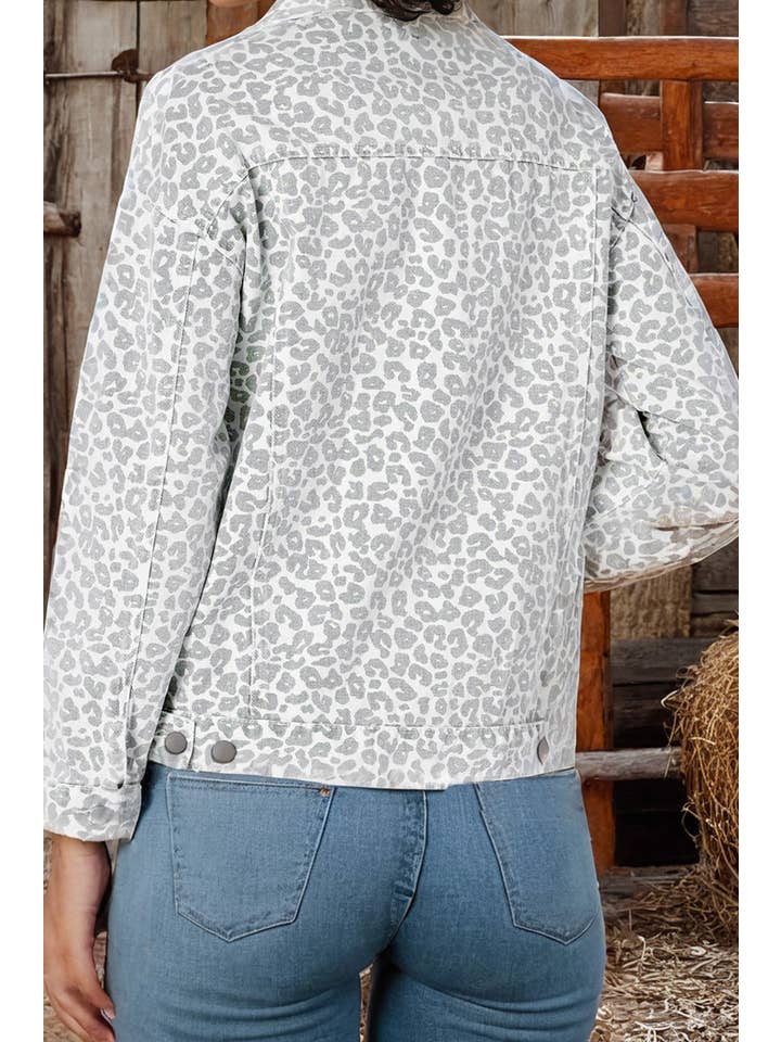 AS SHOWN Fashion Fall Western Leopard Flap Pocket Denim Jacket for wholesale on Faire