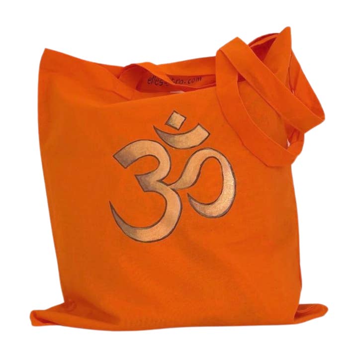 Oranje katoenen totebag met handgeschilderd Om-symbool voor wholesale door Elles et No.