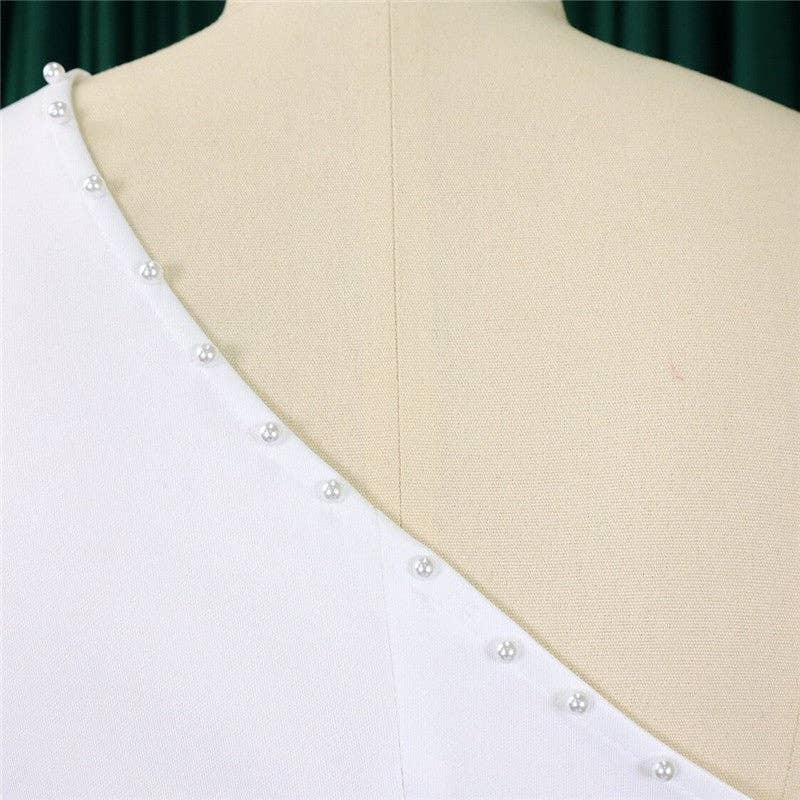 Plush Looks – Engroshandel Top- og buksesæt (IKKE Loungewear) - Dame – Ensfarvet skrå skulderperlebukser OL-sæt7