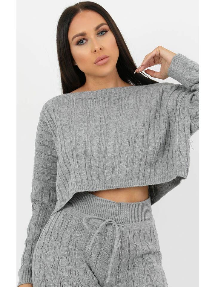 Femme Luxe – Großhandel Loungewear-Set – Damen – Grau gestricktes Loungewear-Set mit Zopfmuster - Robina5