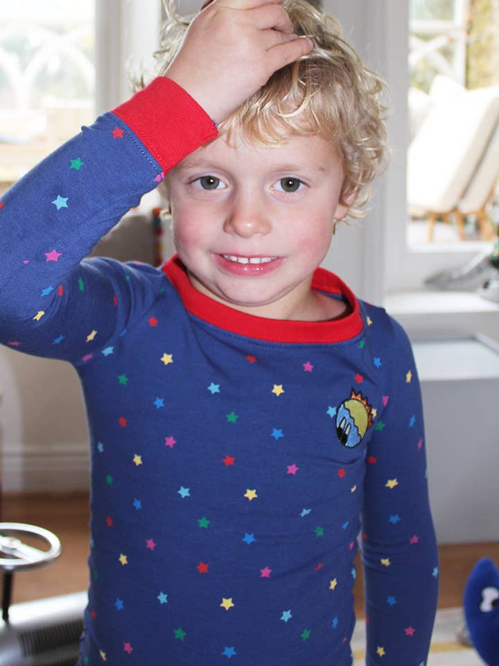 Children's Star Space Themed Pyjama Set - Midnight Blue for wholesale by Moon Rascals