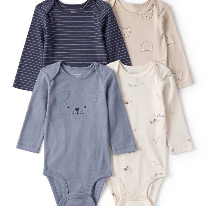 Pack of four long-sleeve bodysuits with bear design for wholesale by Nenina & Co
