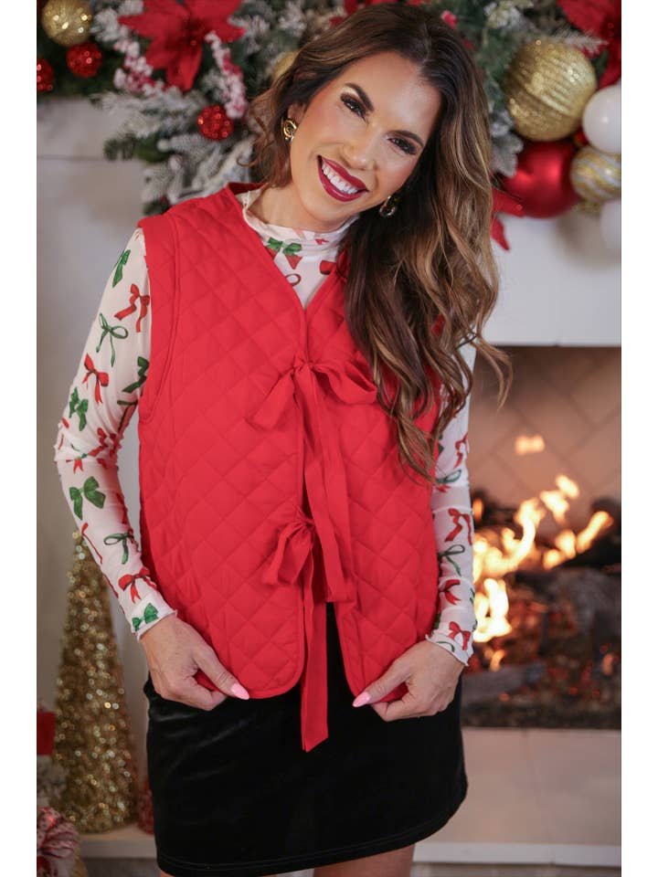 Twila Quilted Tie Vest- Red for wholesale on Faire6