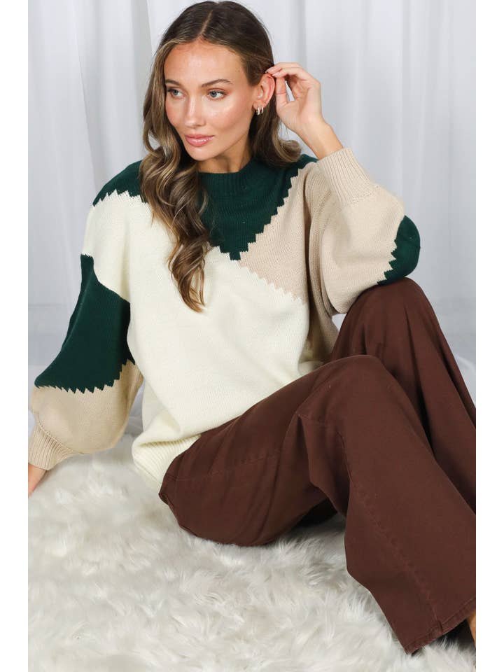 Vine & Love - Wholesale Knit Sweater - Women's - Color Block Round Neck Chunky Knitted Sweater Top VT810179