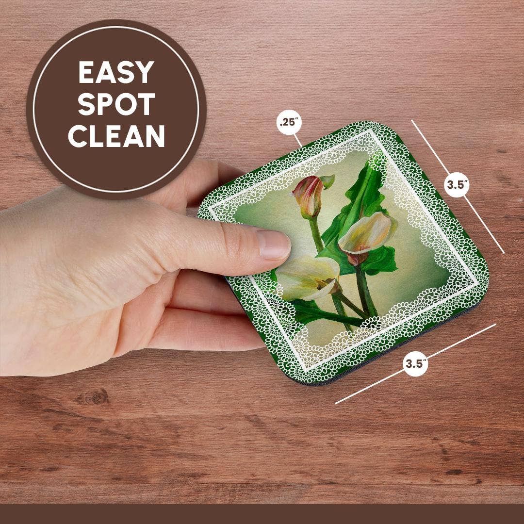 3dRose - Wholesale Coasters - 3dRose, Three calla lilies painted against green background bordered in lace, Coaster13