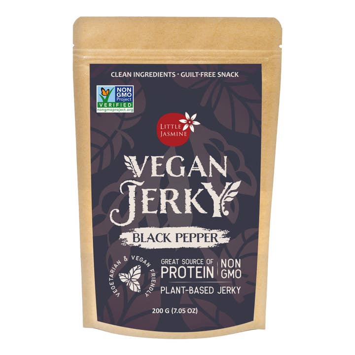 Non-GMO Little Jasmine Vegan Jerky - Black Pepper for wholesale by Arroyo Kitchen