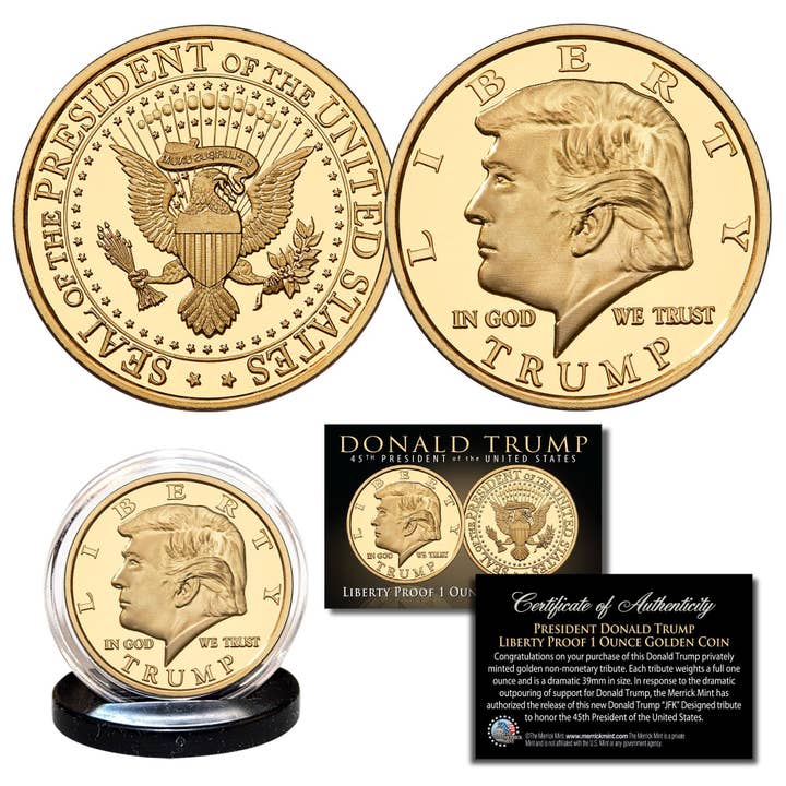 Donald Trump 45Th President Liberty Proof Golden Tribute Large 39Mm Coin - 1 Oz - Ships Fast & Free To U.S.! for wholesale by The Merrick Mint