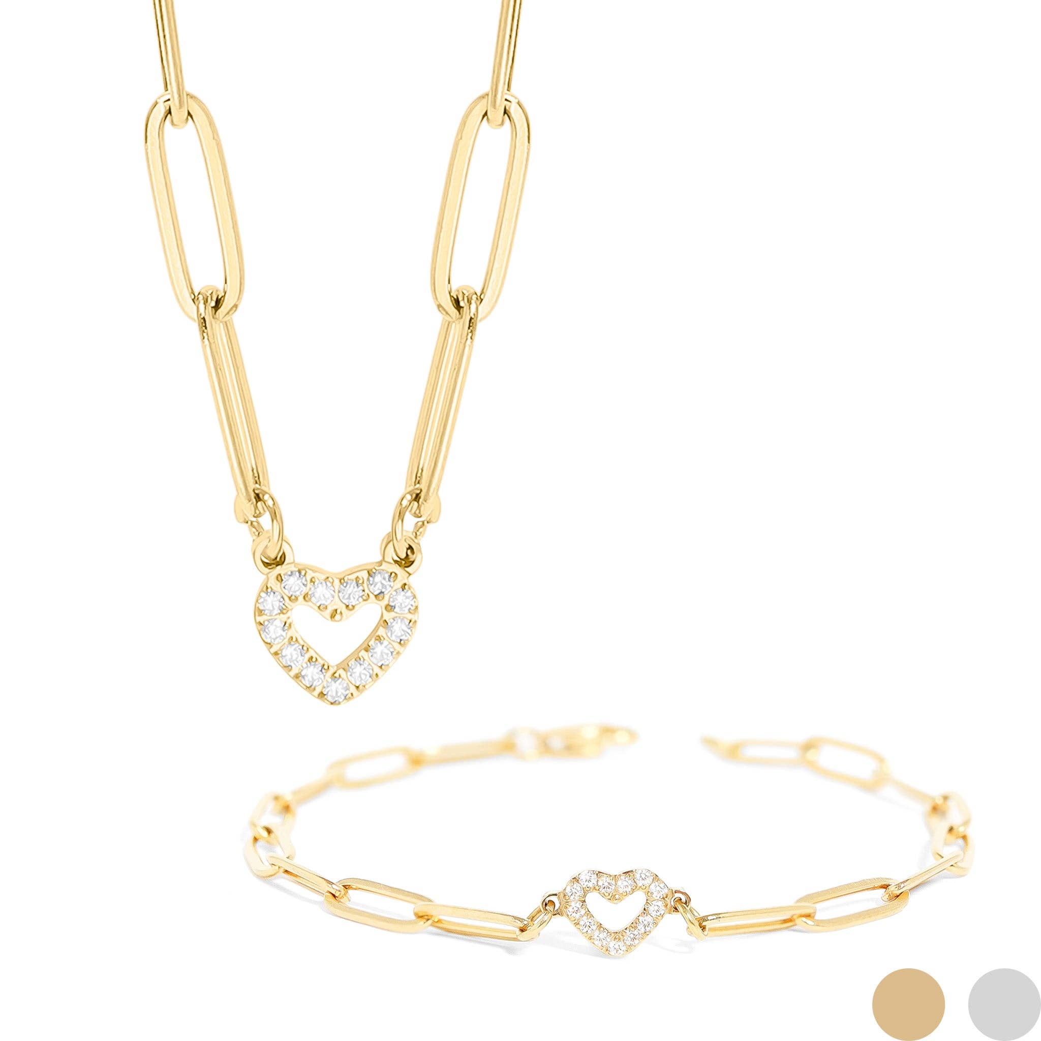 WJW - Wholesale Jewelry Set - 18K Gold PVD Stainless Steel Stone Heart Paperclip Chain Set0