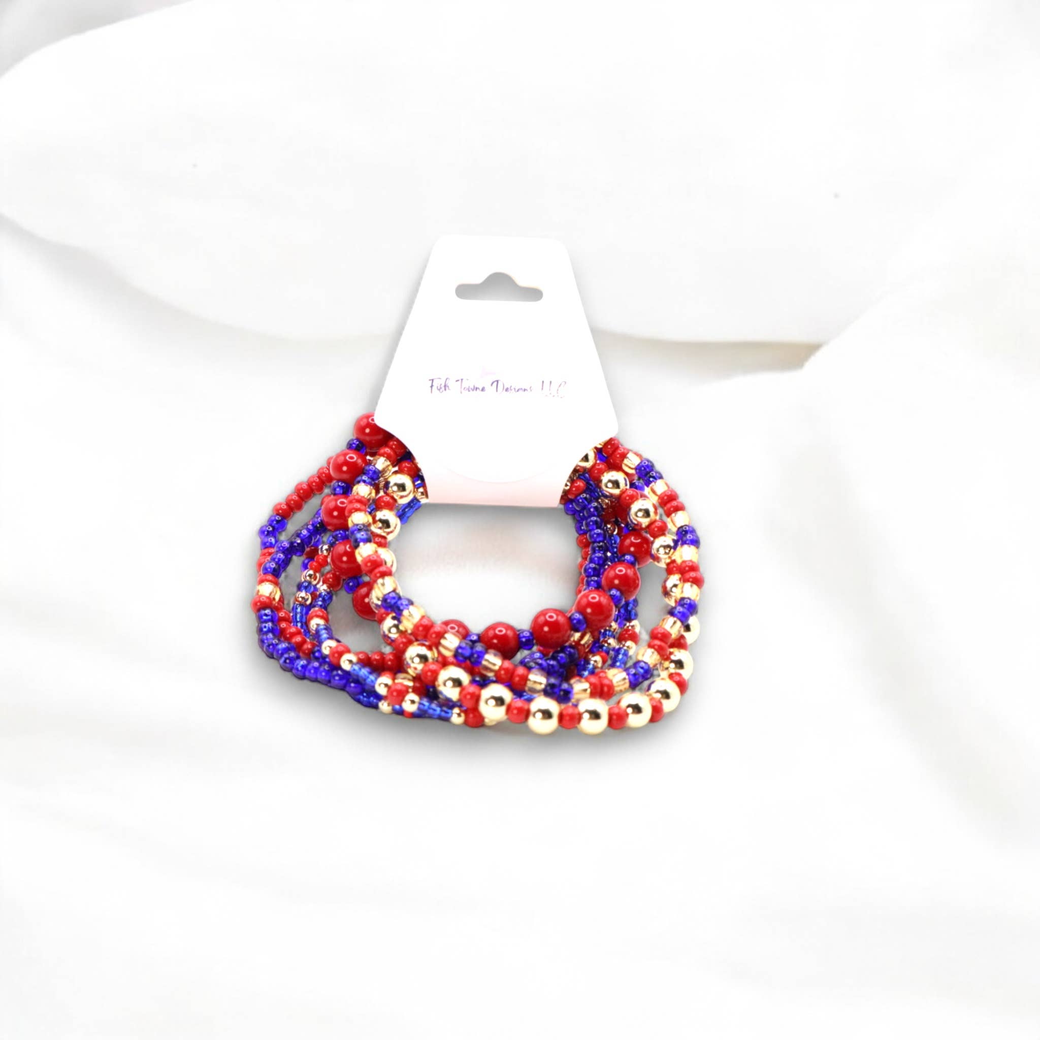 Fish Towne Designs, LLC - Wholesale Jewelry Set - Red and Blue Game Day Seed Bead Bracelet Stack Set of 88
