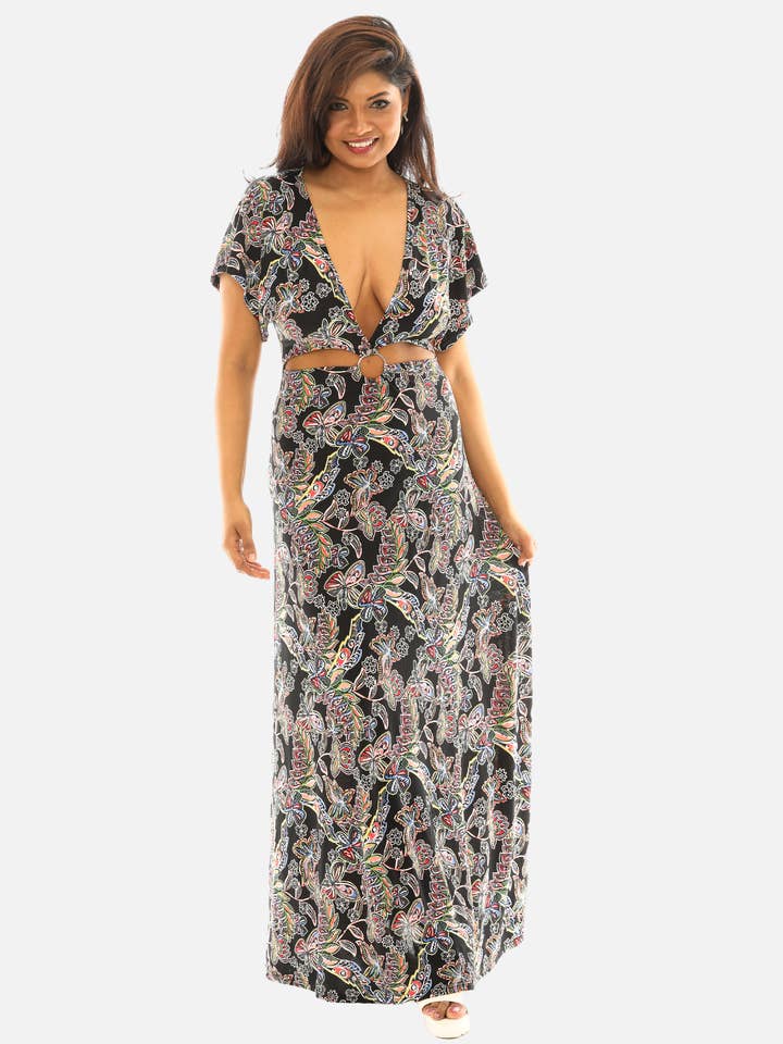 Maxi robe florale abstraite à col en V profond et trou de serrure pour la vente par Shoreline Wear. INC