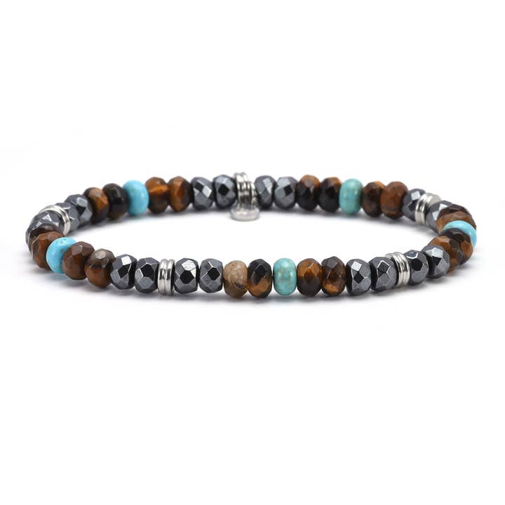 Bracelet acier perles facettées turquoise hématite pour la vente par SIXTY STONES