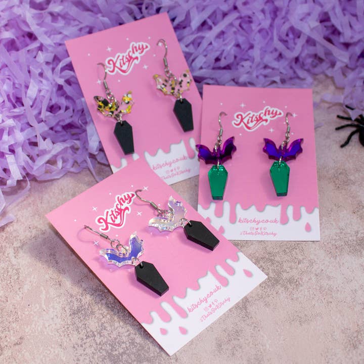 Kitschy - Wholesale Dangle Earrings - Coffin Bat Earrings Halloween Laser Cut Acrylic5