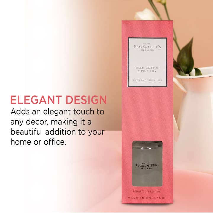 Prestige Beauty Boutique – Großhandel Reed-Diffusor – Pecksniffs Diffusor aus frischer Baumwolle und rosafarbener Lilie | 100 ml/3,38 Fl Oz3
