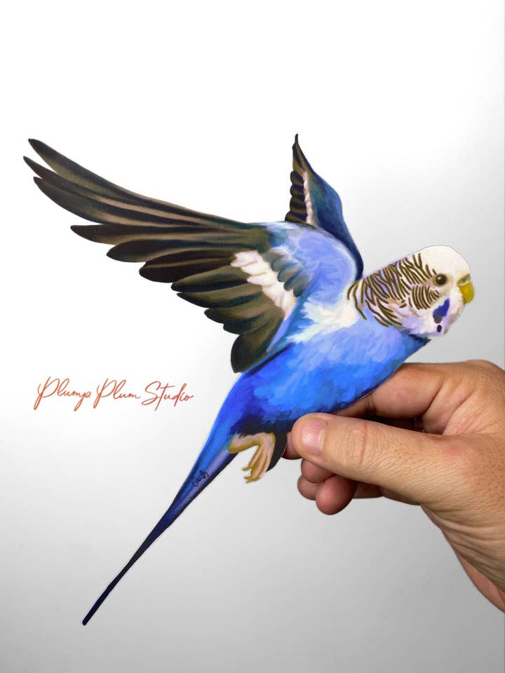 Flying Blue Budgie sticker, blauw/witte parkietsticker voor wholesale door Plump Plum Studio