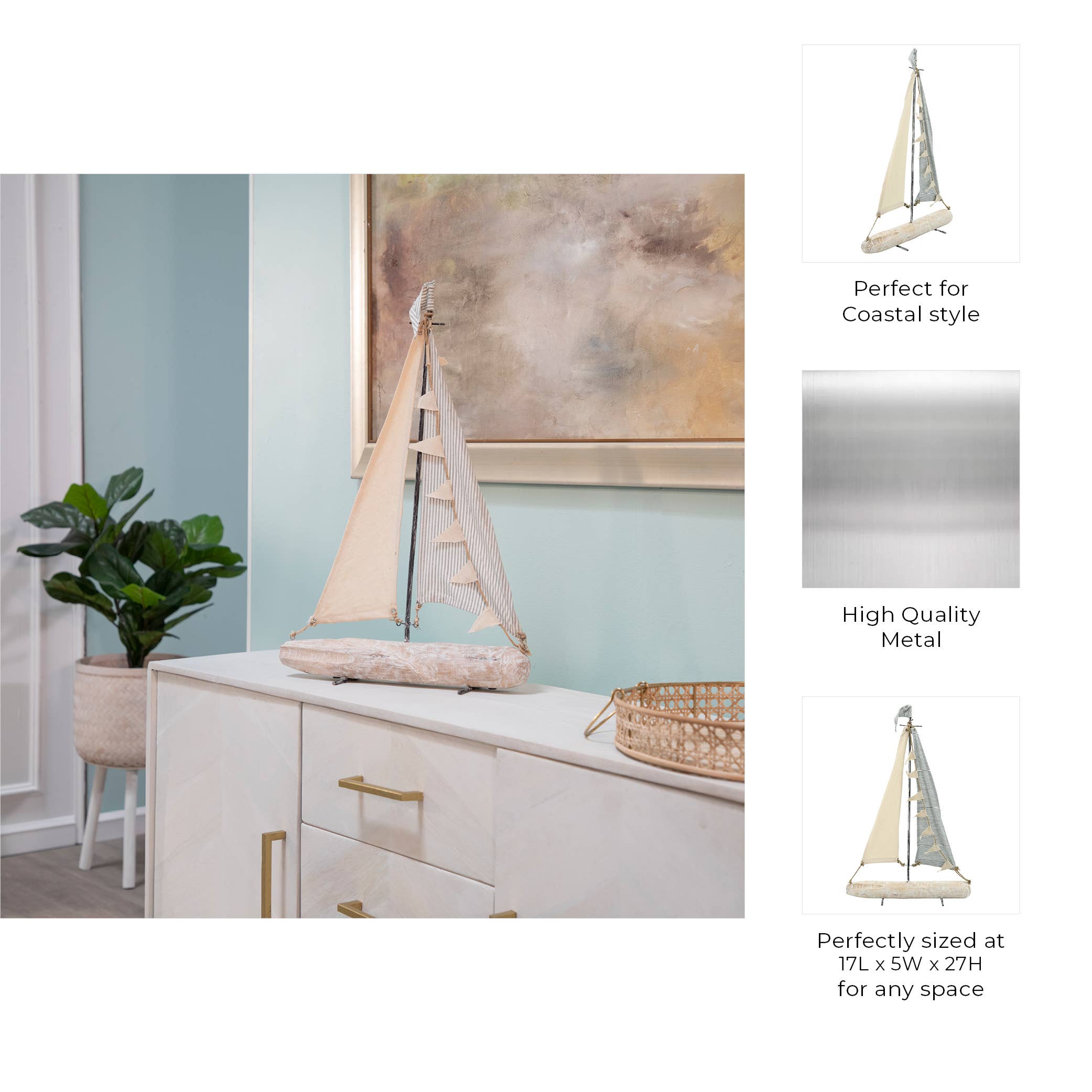 Sagebrook Home - Wholesale Decorative Tabletop Object - Object - Ivory/Blue Metal Sailboat with Fabric Sails, 27 in.3