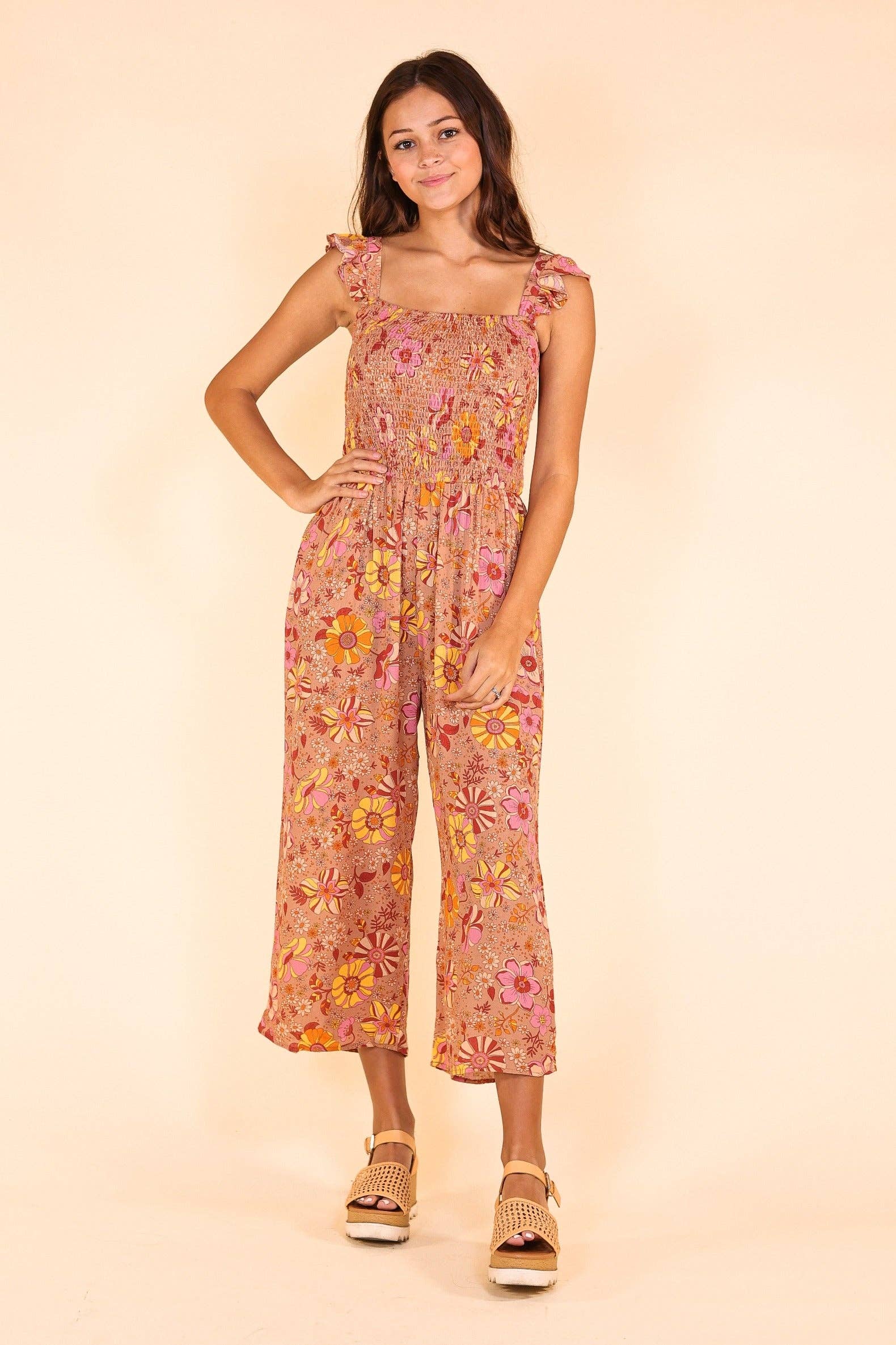 Beige Retro Floral Jumpsuit for wholesale on Faire