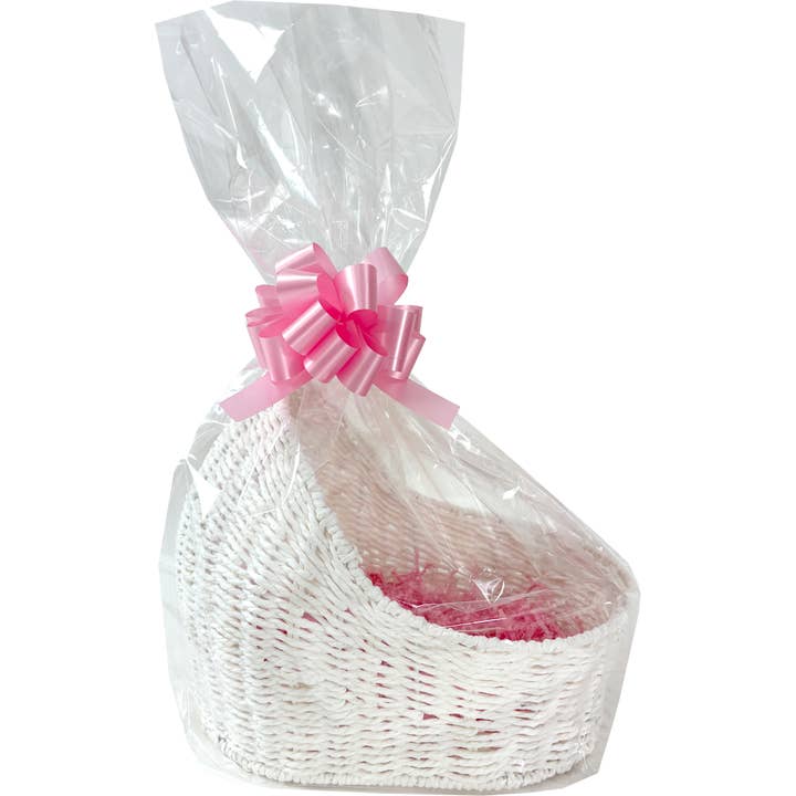 White Baby Bassinet Baskets & Pink Gift Packaging Kits (x5) for wholesale by Candi Gifts