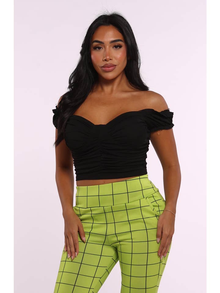 REDFINCH APPAREL INC - Wholesale Blouse - Women's - Womens Ruched Mesh Crop Tops With Ruffle Sleeves